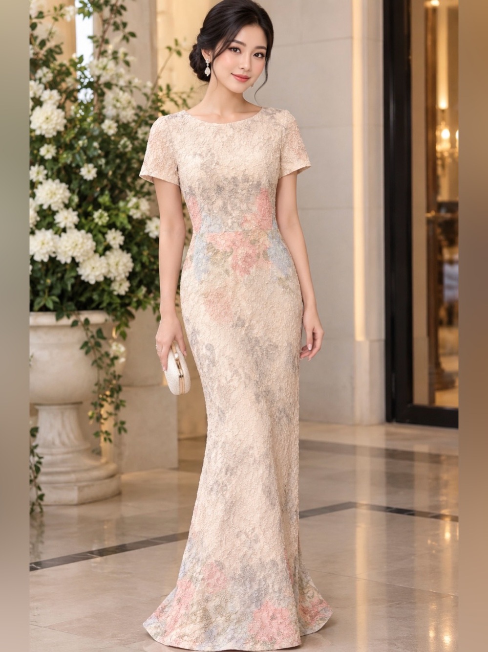 Adrianna Papell Cream Lace Maxi Dress with Pastel Floral Accents